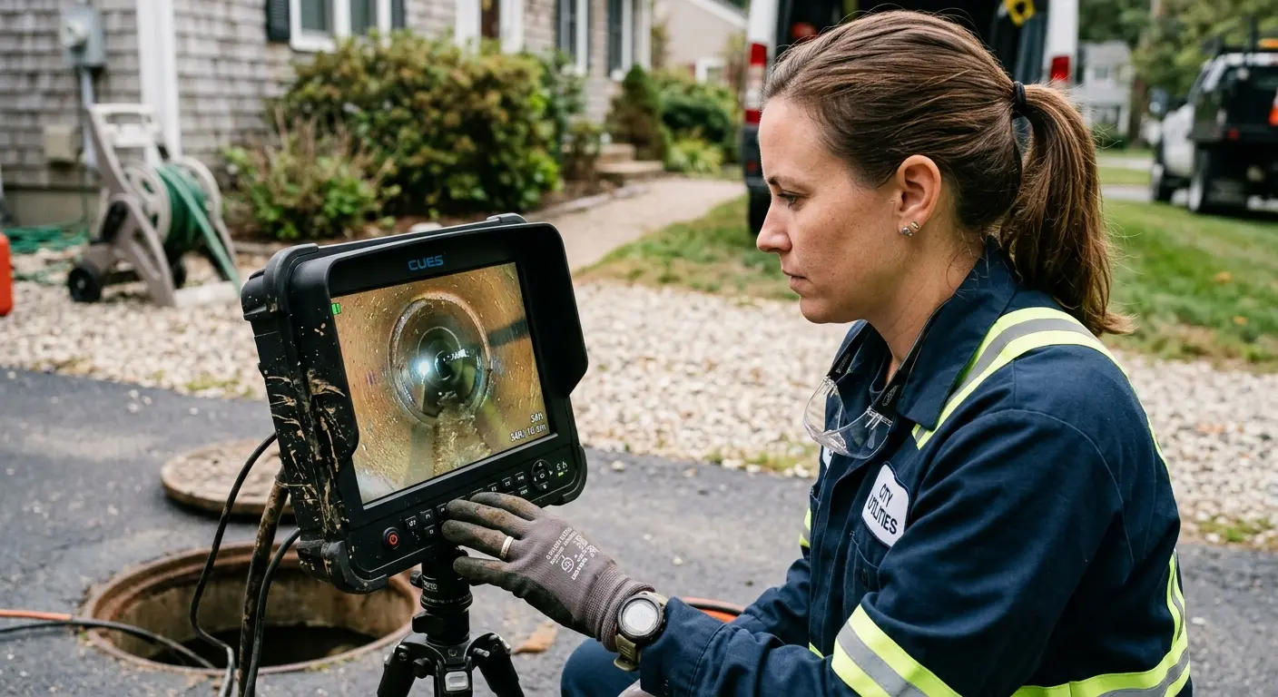 Technician reviewing sewer camera inspection footage in Mayflower Village