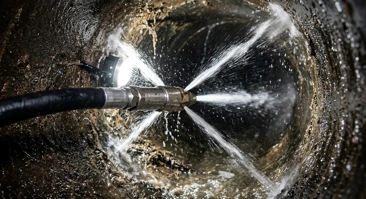 High-pressure hydro jetting nozzle cleaning sewer pipe for Trenchless Sewer Repair in Mayflower Village