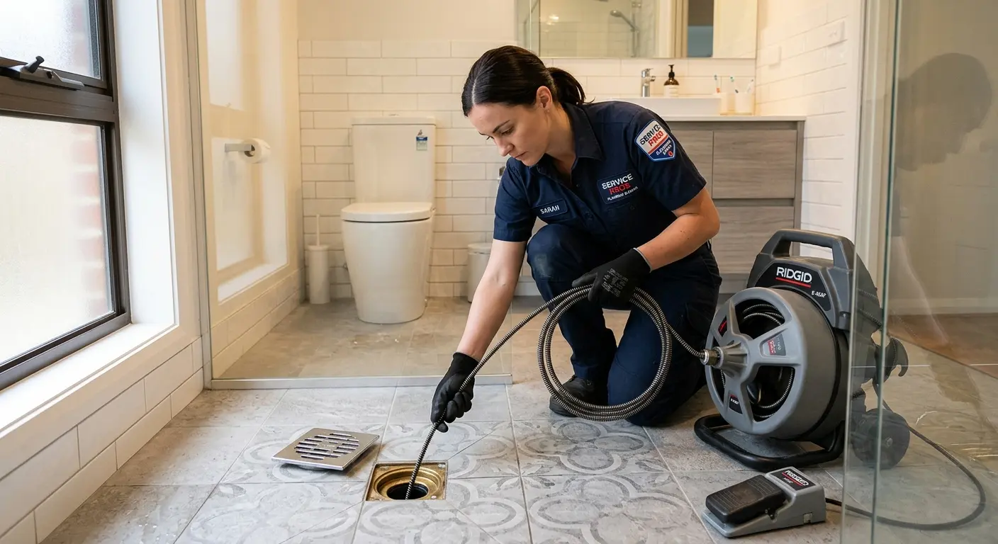 Technician clearing a bathroom floor drain for Sewer Line Replacement in Mayflower Village